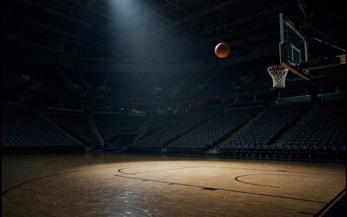 Basketball-Arena bei Nacht, ein Spotlight auf leerem Court, ein Basketball fliegt auf den Korb zu.