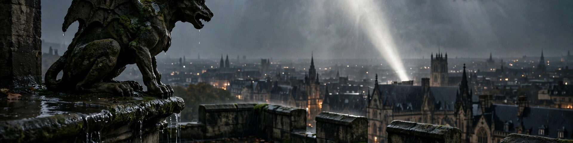 Regennasses gotisches Dach bei Nacht mit Wasserspeier-Silhouette und Scheinwerferstrahl