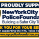 Grafik der New York City Police Foundation mit dem Motto Building a Safer City Together in Navy-Blau, Weiß und Gold