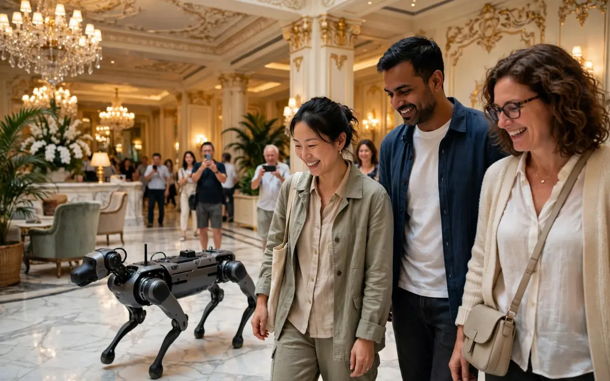 Vierbeiniger Roboterhund begleitet laechelnde Touristen durch die prunkvolle Lobby eines Luxusresorts in Macau