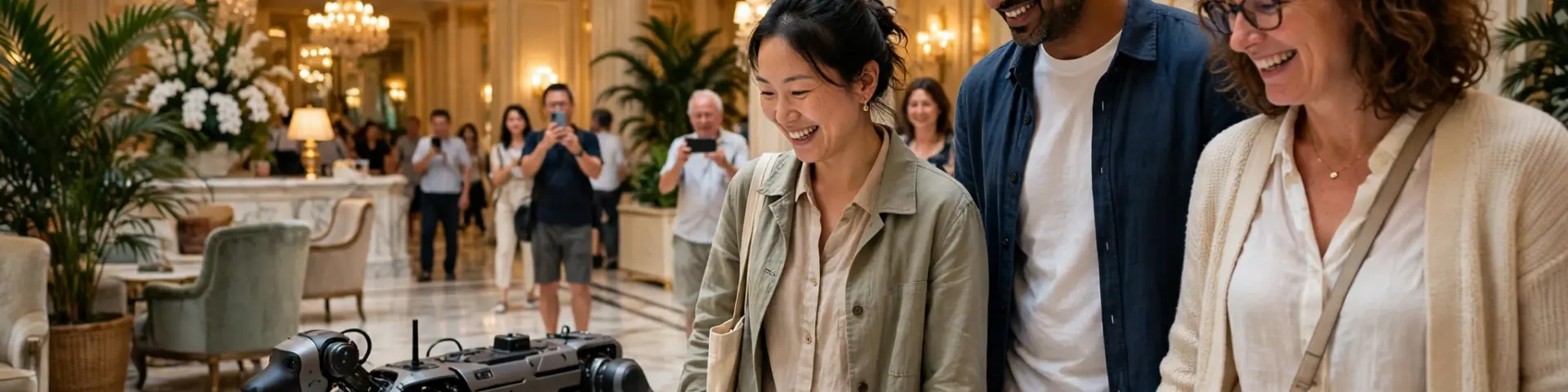 Vierbeiniger Roboterhund begleitet laechelnde Touristen durch die prunkvolle Lobby eines Luxusresorts in Macau