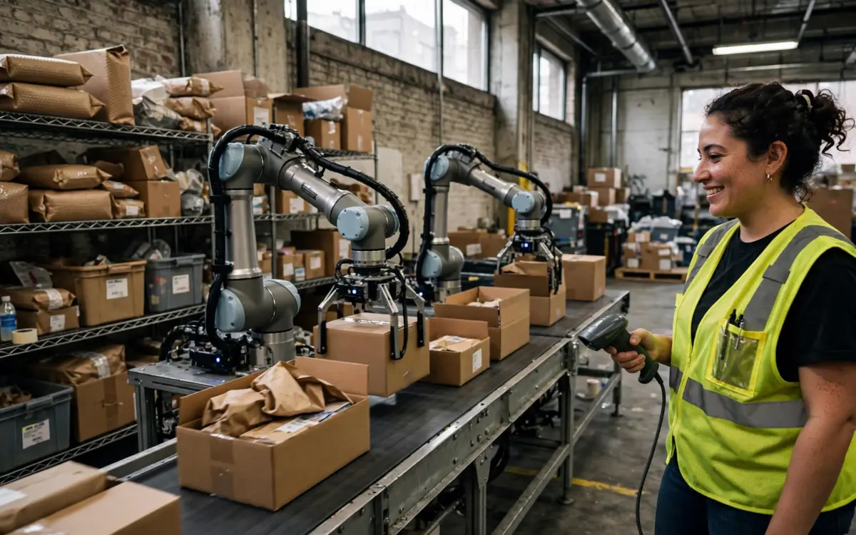 Stationaere Lagerroboter mit zwei Armen verpacken Kartons an einer Fulfillment-Linie in einem Brooklyner Lagerhaus