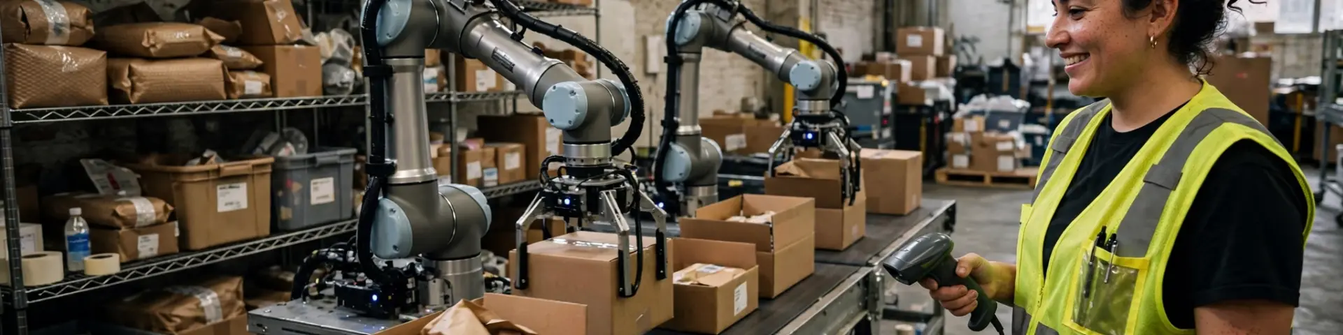 Stationaere Lagerroboter mit zwei Armen verpacken Kartons an einer Fulfillment-Linie in einem Brooklyner Lagerhaus