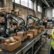 Stationaere Lagerroboter mit zwei Armen verpacken Kartons an einer Fulfillment-Linie in einem Brooklyner Lagerhaus