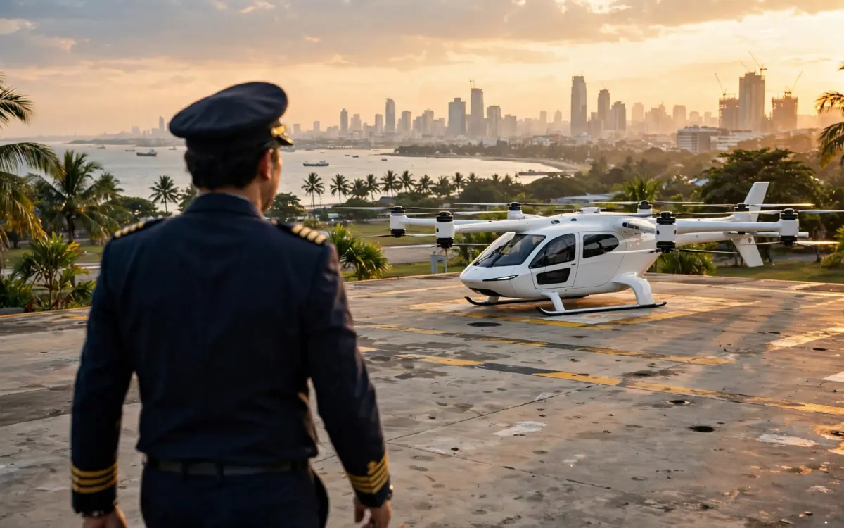 Elektrisches Lufttaxi Volant VE25 mit mehreren Rotoren auf einem Hubschrauberlandeplatz in Jakarta in der Abendsonne