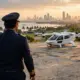 Elektrisches Lufttaxi Volant VE25 mit mehreren Rotoren auf einem Hubschrauberlandeplatz in Jakarta in der Abendsonne