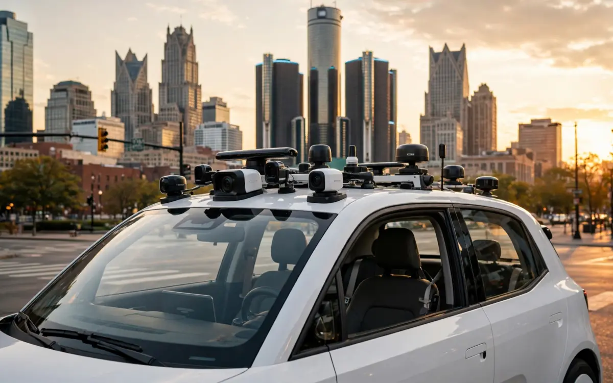 Weißes Waymo-Robotaxi ohne Fahrer am Steuer fährt durch die Innenstadt von Detroit