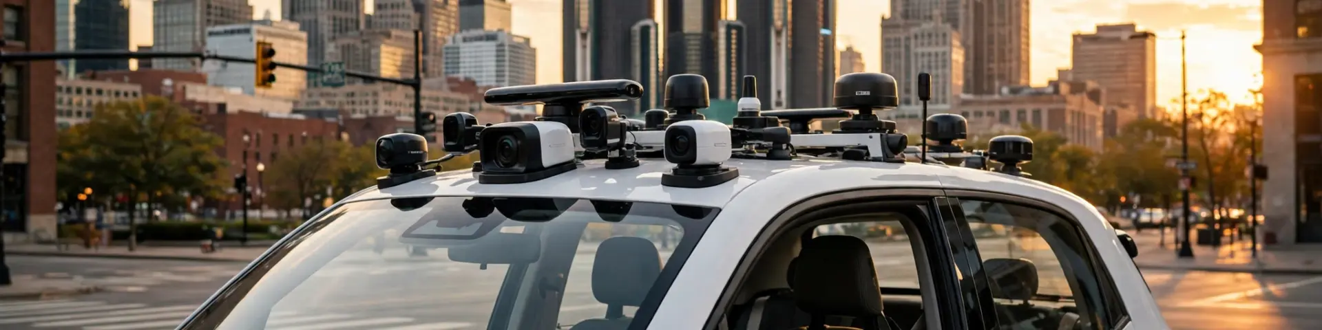 Weißes Waymo-Robotaxi ohne Fahrer am Steuer fährt durch die Innenstadt von Detroit