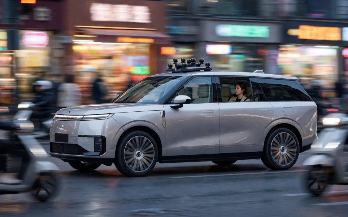 Silbernes XPeng Robotaxi fährt durch eine chinesische Großstadt bei Dämmerung