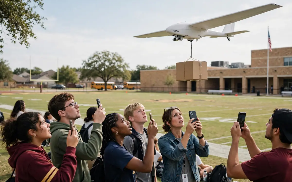 Zipline-Lieferdrohne schwebt über einem Highschool-Sportplatz in Round Rock, Texas